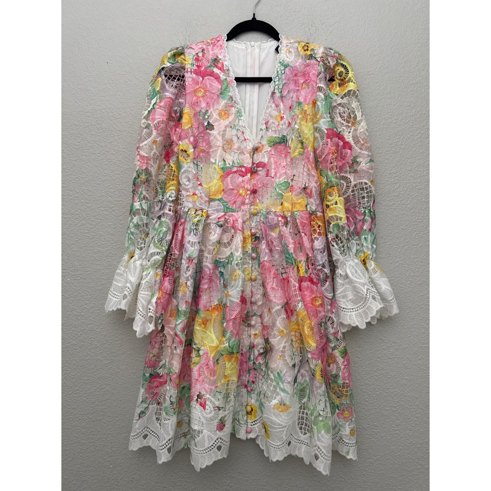 Dalia MacPhee Floral Lace Bell Sleeve Mini Dress Pink Multicolor Size Medium